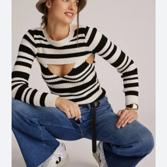 Anthropologie Maeve Striped Sweater Shrug SET Black White Tank Long Sleeve S NEW - Picture 1 of 12